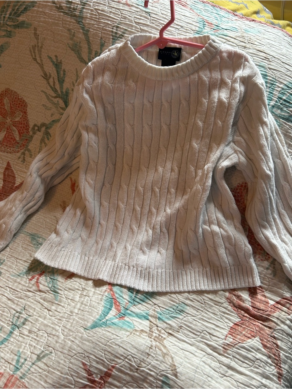 J. Khaki Cream Cable-Knit Crewneck Sweater